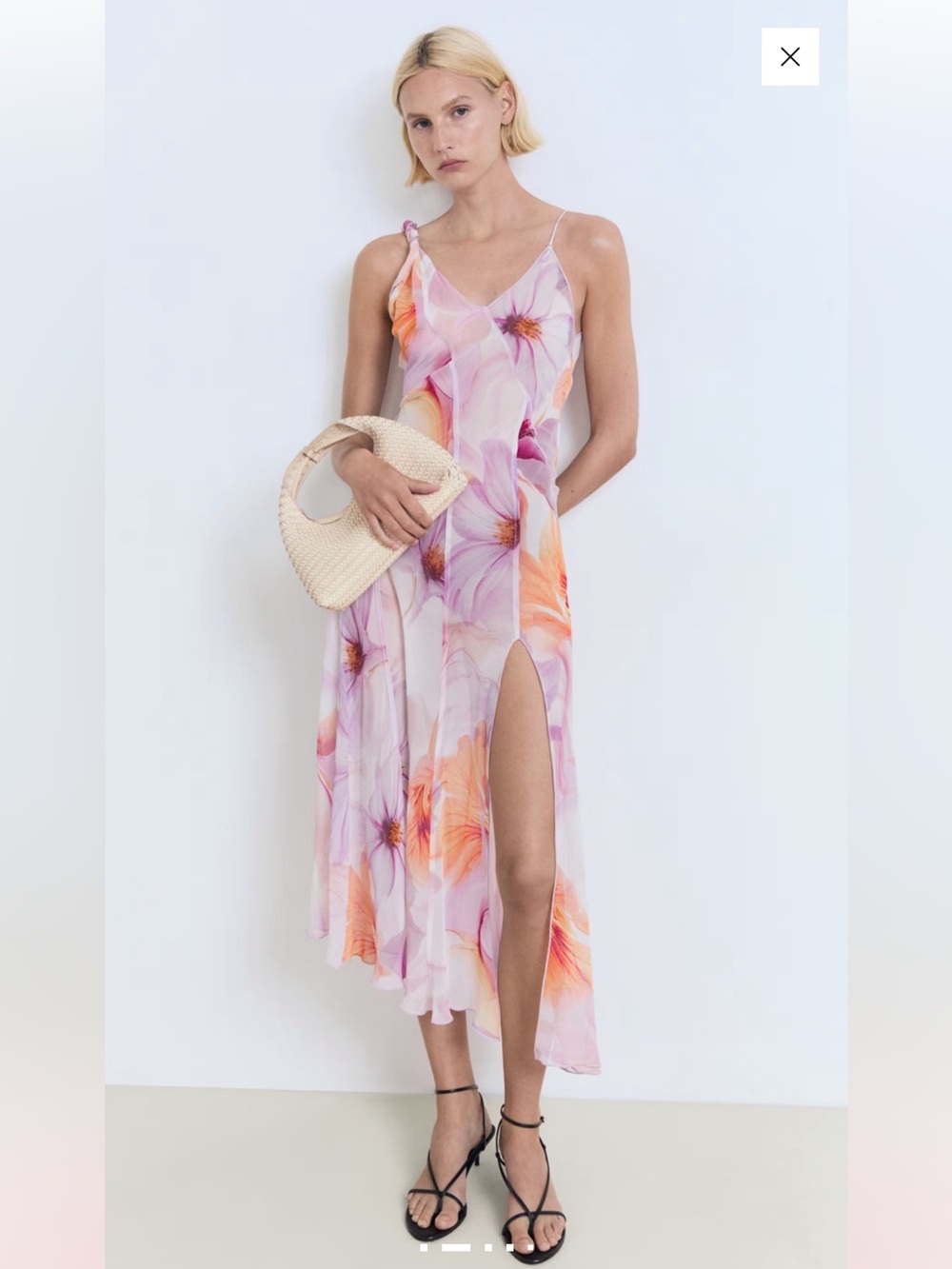 MANGO Floral Slip Dress with Side Slit - Pink & Orange (Medium)